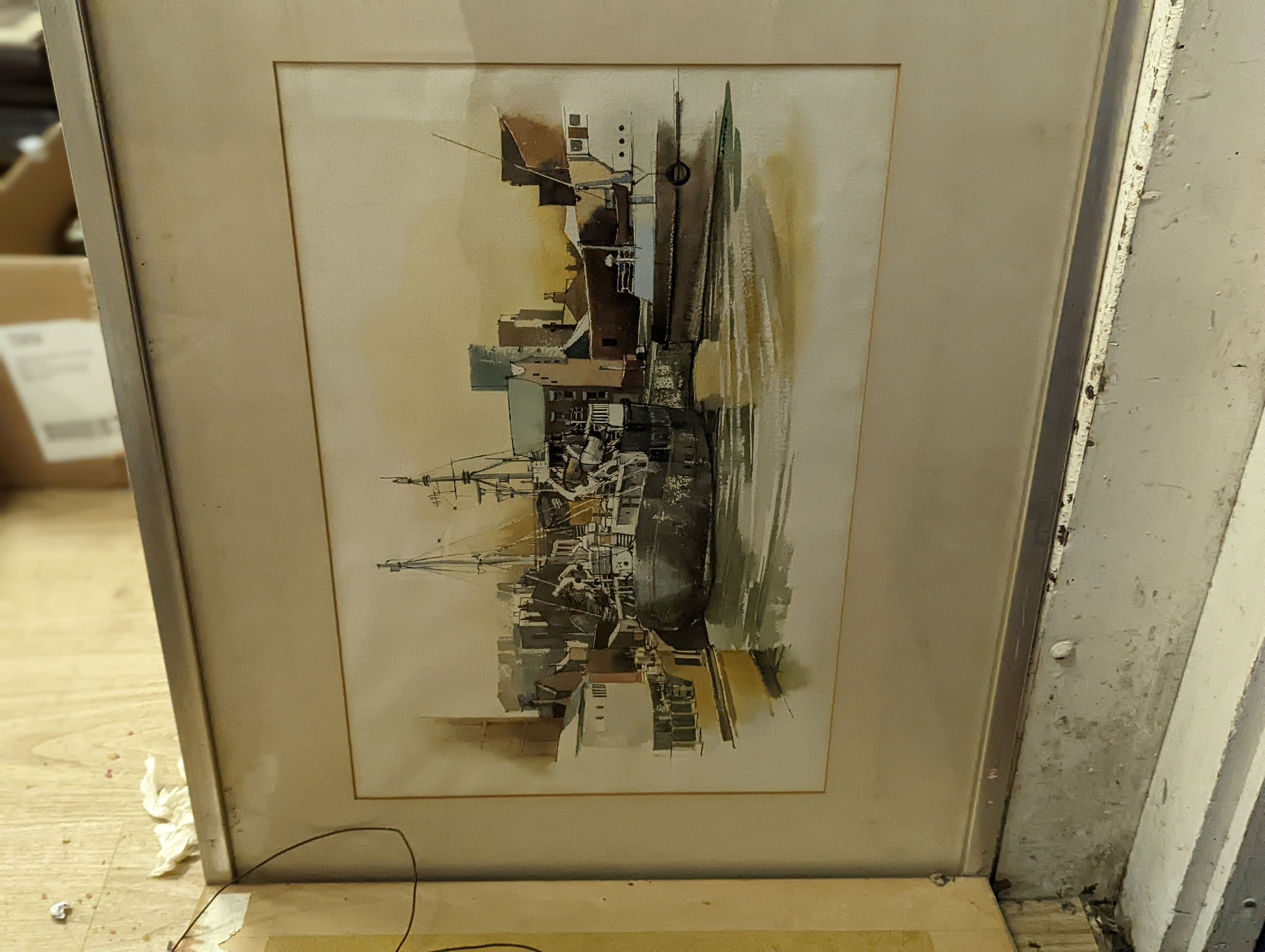 Six assorted paintings and prints including a watercolour harbour scene, 21 x 16cm